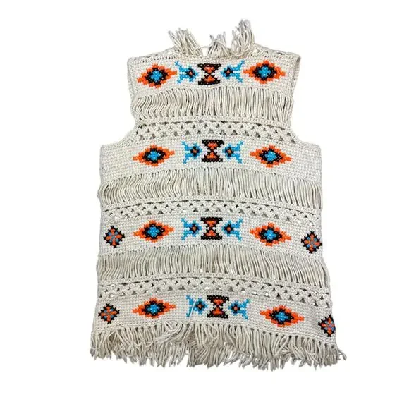 Vintage 1960’s handmade floral crotchet hippie boho fringed festival vest aztec - Picture 4 of 4